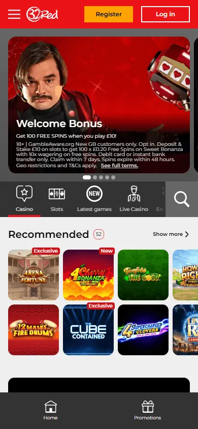 32Red Casino home screen on a mobile device