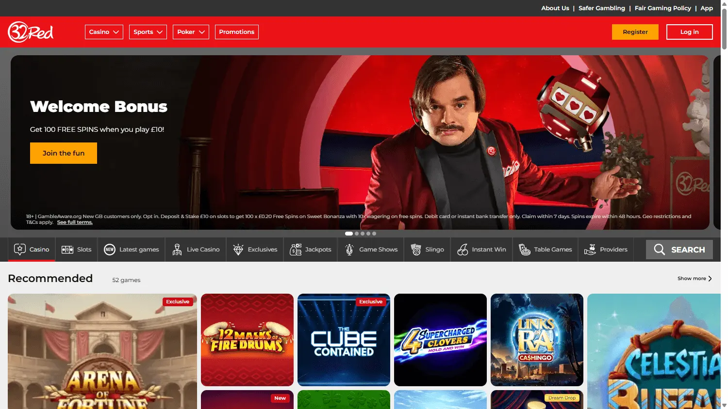 32Red Casino home screen on a desktop device