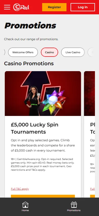 32Red Casino promotions screen on a mobile device