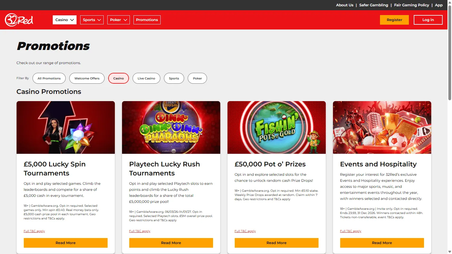 32Red Casino promotions screen on a desktop device